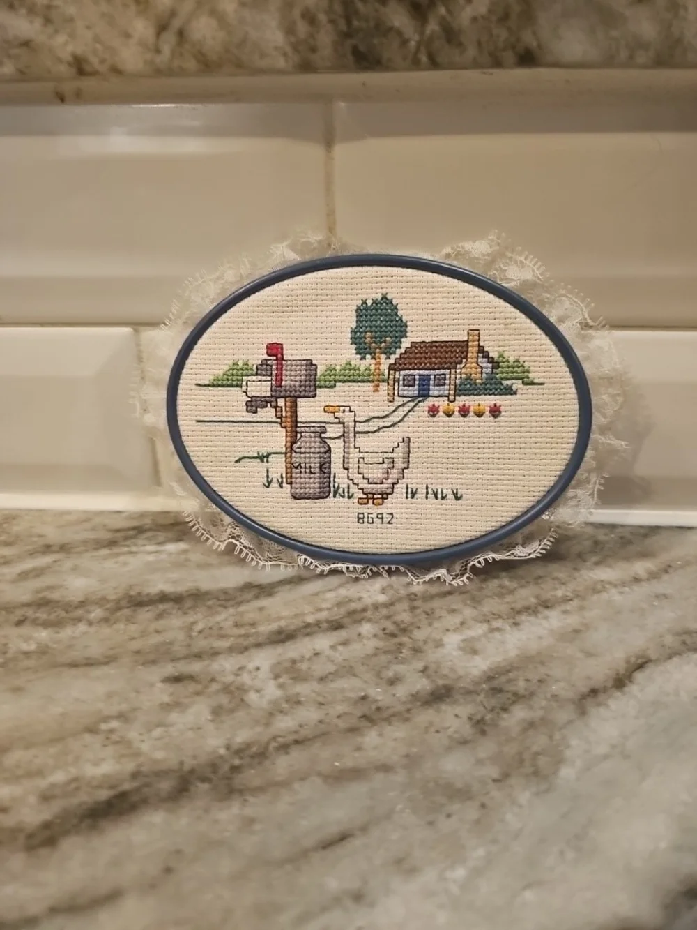 Handmade Cross Stitch Farmhouse Scene - Oval Framed Duck Cottagecore Vtge